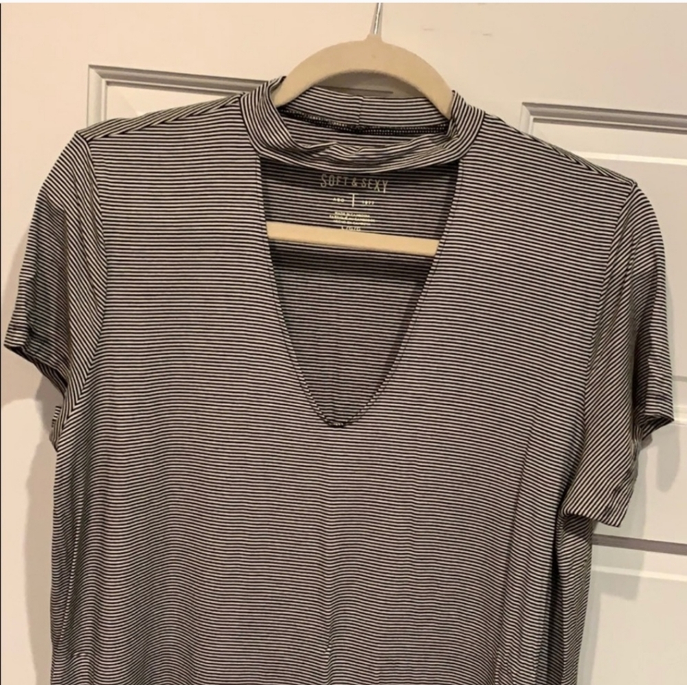 American Eagle Striped Cut-Out Tee, Womens Large, Blue/White